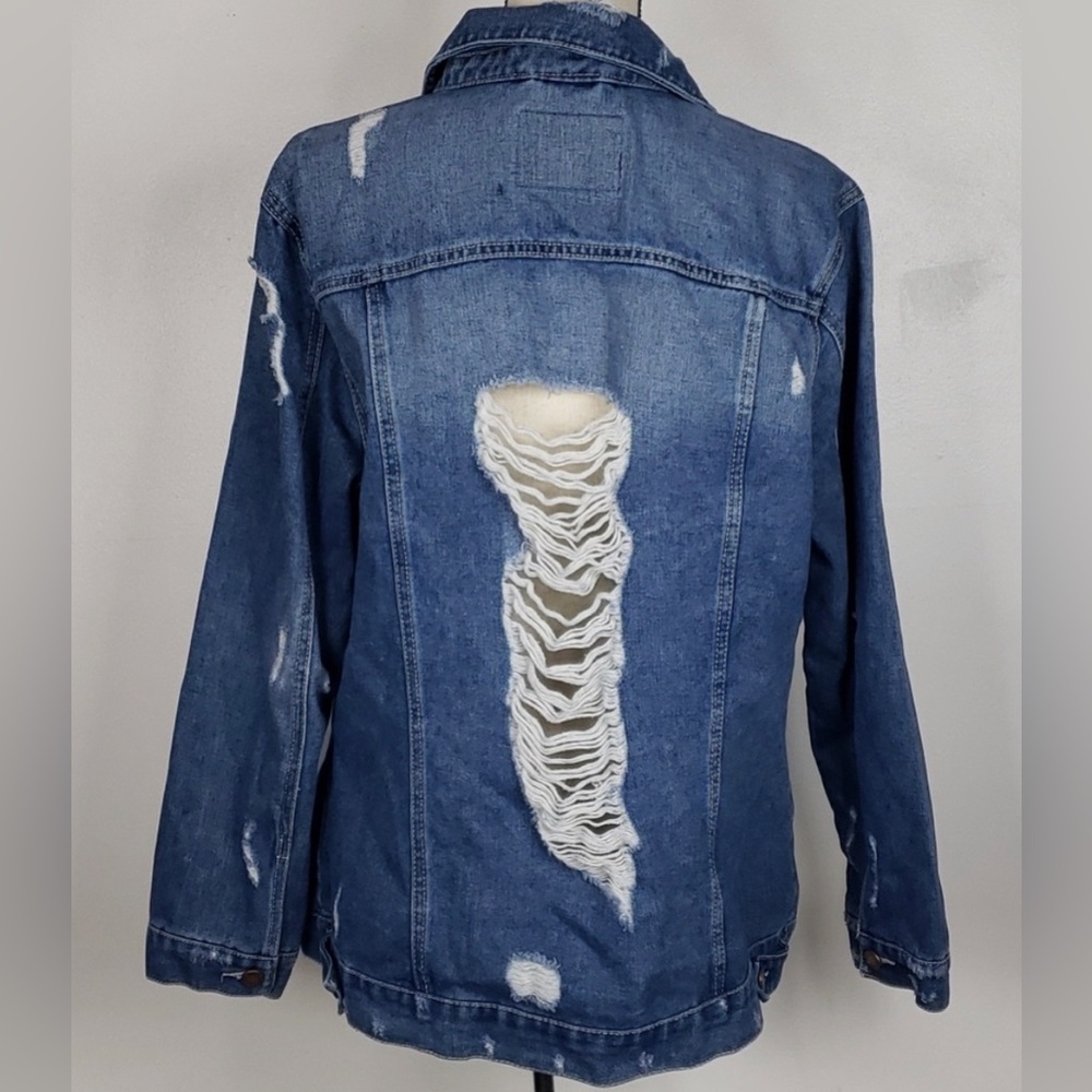 COPY - BBJ Total Destruction Distressed Denim Medium Wash Trucker Jean Jacket L